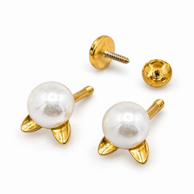 Silver Round White Bead Gold-Tone Floral Stud Earrings - STOP10947 front view