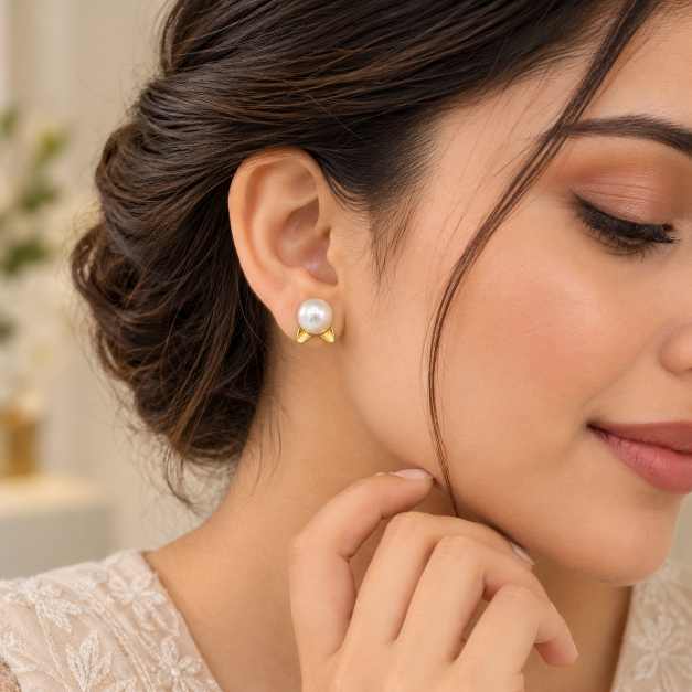 Silver Round White Bead Gold-Tone Floral Stud Earrings - STOP10947 side view