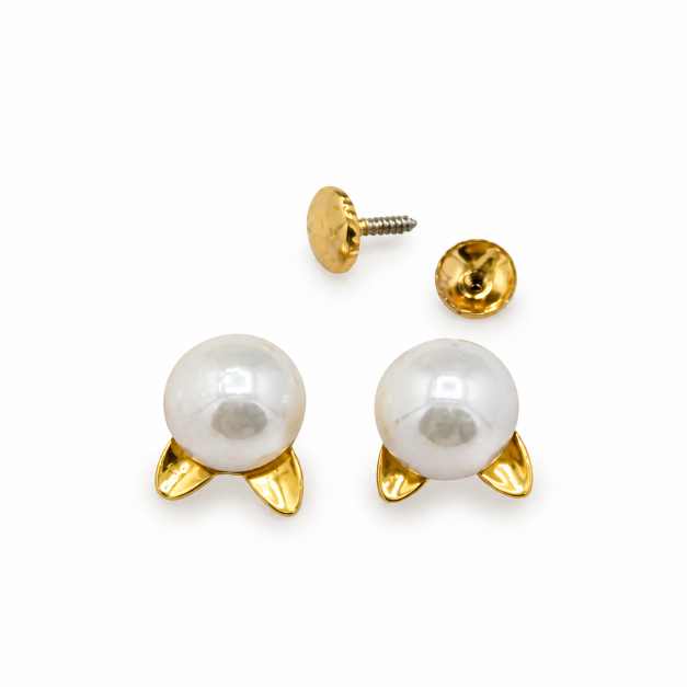 Silver Round White Bead Gold-Tone Floral Stud Earrings - STOP10947 detail view
