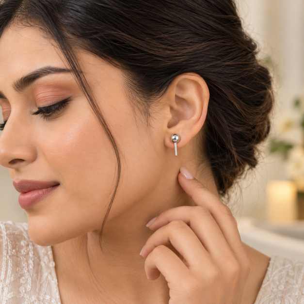 Silver Silver-Tone Ball Stud Earrings With Straight Post - STOP10817 side view