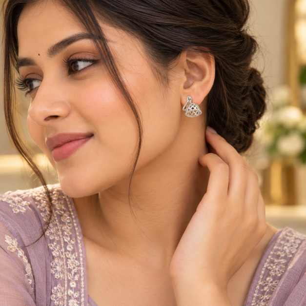 Silver Openwork Jhumka Earrings In Silver-Tone Finish - STOP10961 side view