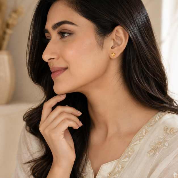 Silver Star-Shaped Stud Earrings With Polished Gold-Tone Finish - STOP11110 side view