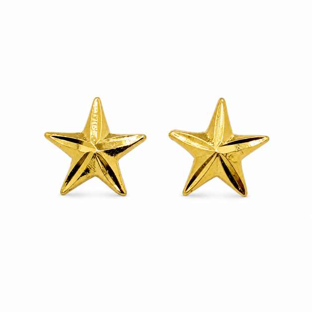 Silver Star-Shaped Stud Earrings With Polished Gold-Tone Finish - STOP11110 close-up view