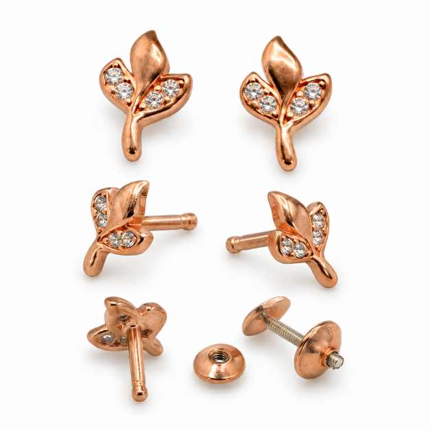 Silver Rose Gold Tone Leaf Stud Earrings With Clear Stones - STOP10930