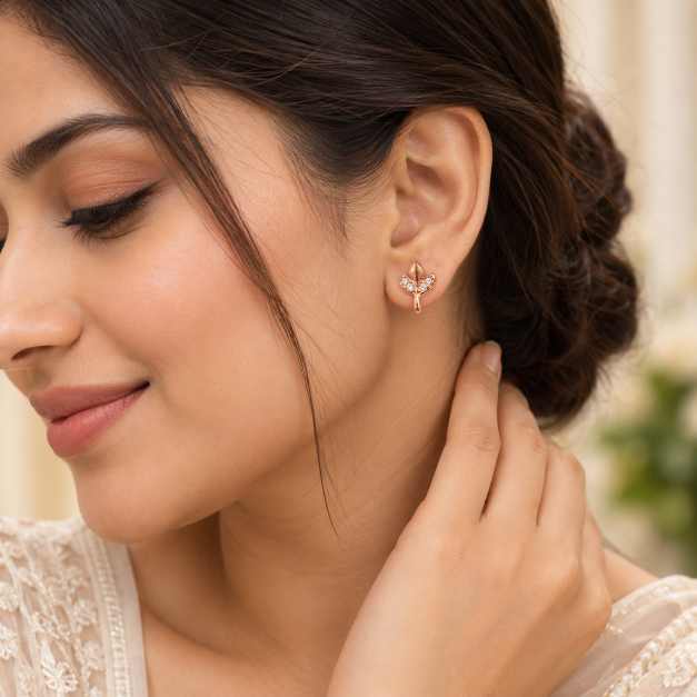 Silver Rose Gold Tone Leaf Stud Earrings With Clear Stones - STOP10930 close-up view