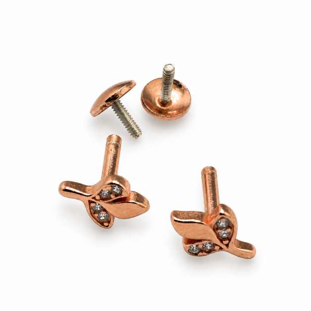 Silver Rose Gold Tone Leaf Stud Earrings With Clear Stones - STOP10930 detail view