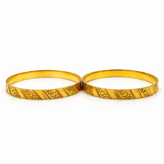 Gold Engraved Patterned Pair Of Bangles - CBA11425 front view