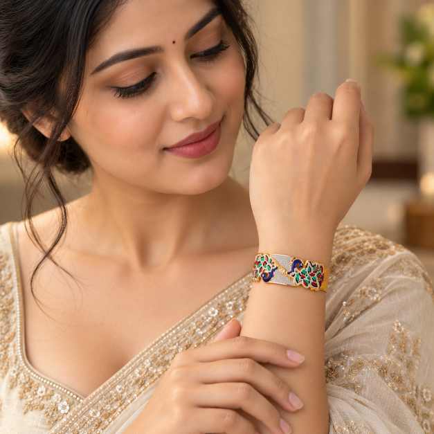 Gold Bangles Copper Bangle With Multicolour Enamel Peacock-Inspired Design - CBA459 side view