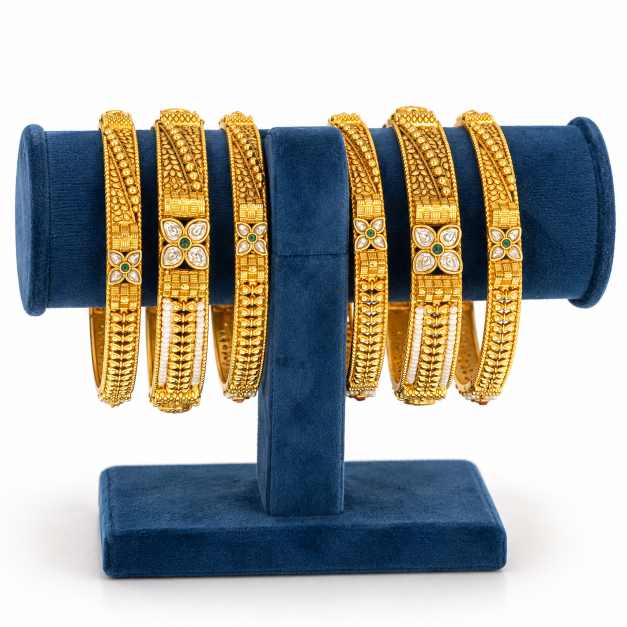 Gold Bangles Copper Bangle Set With Intricate Floral Detailing And Decorative Stones - CBA70227