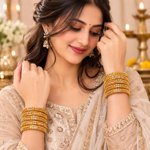 Gold Bangles Copper Bangle Set With Intricate Floral Detailing And Decorative Stones - CBA70227 side view