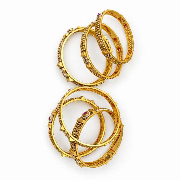 Gold Bangles Copper Bangle Set With Intricate Floral Detailing And Decorative Stones - CBA70227 close-up view