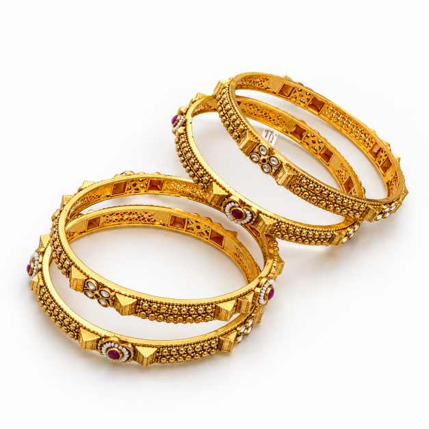 Gold Bangles Copper Bangle Set With Intricate Floral Detailing And Decorative Stones - CBA70227 detail view