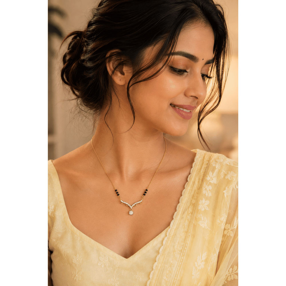 Gold Chain Elegant V-Shape Gold-Tone Necklace With Black Bead Accents And Clear Stones - SGAN10179 side view