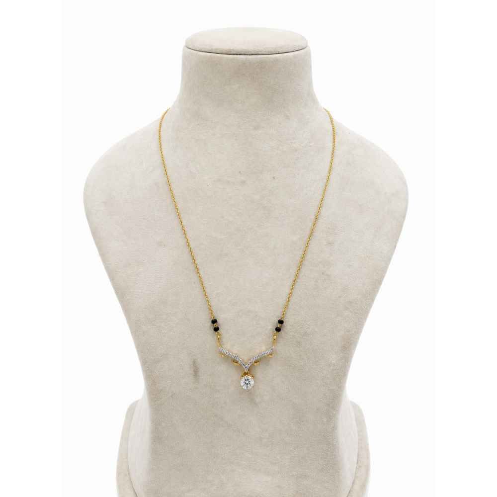 Gold Chain Elegant V-Shape Gold-Tone Necklace With Black Bead Accents And Clear Stones - SGAN10179 detail view