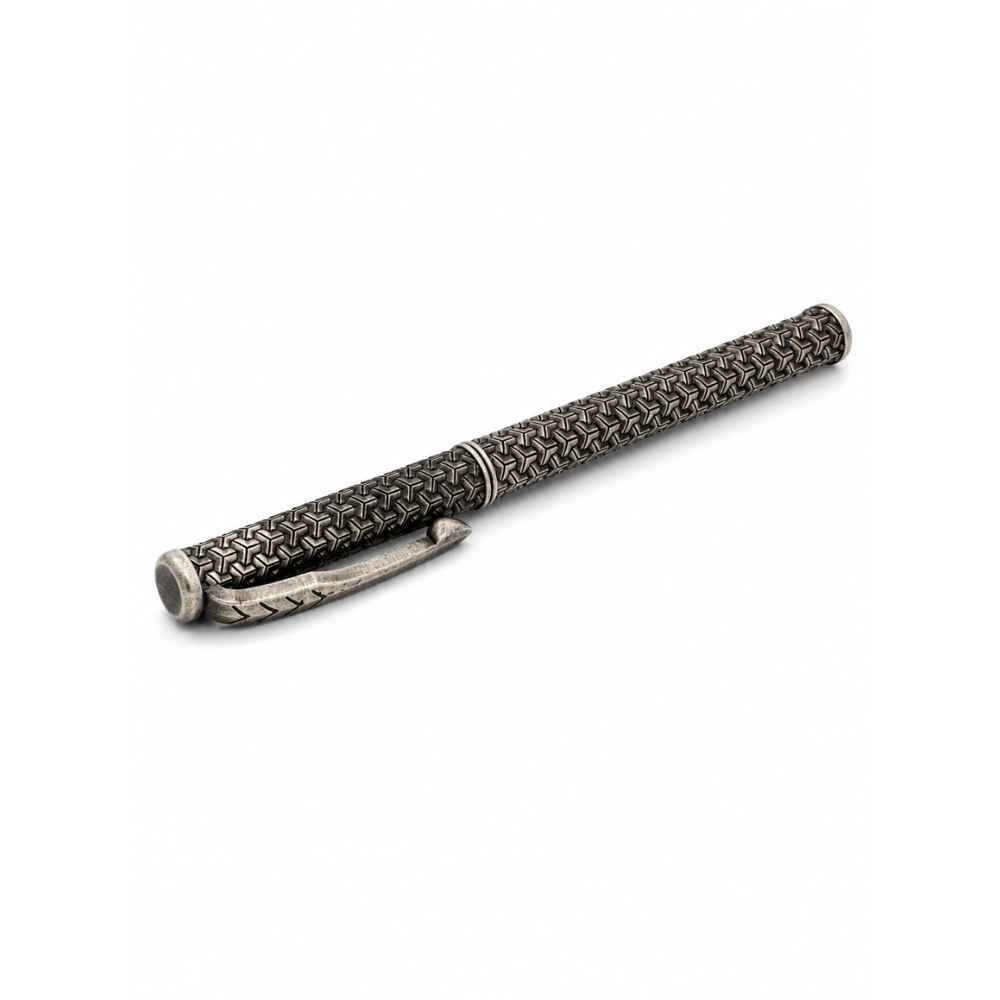 Silver Ornate Textured Metal Rollerball Pen With Geometric Pattern - SAC60292 front view