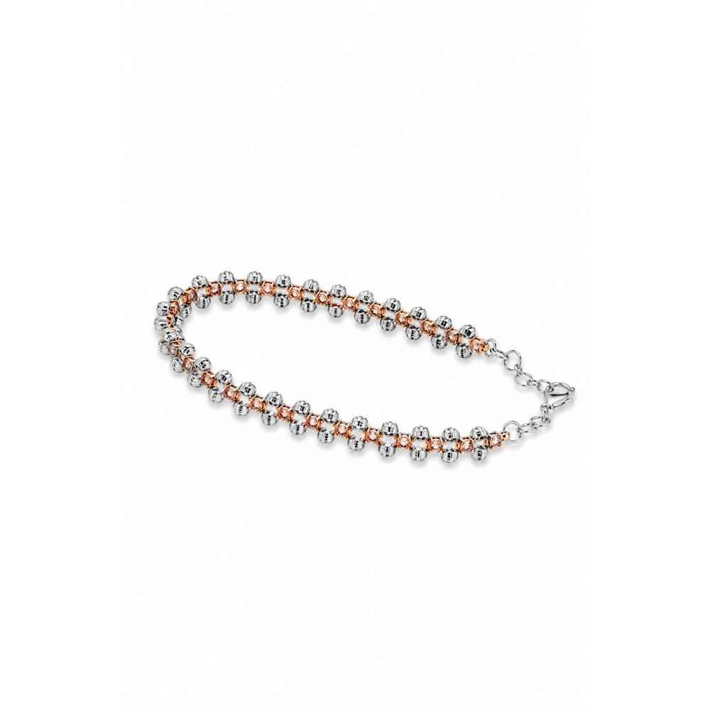 Silver Two-Tone Beaded Link Bracelet With Ribbed Silver And Rose-Gold Accents - ABR62338