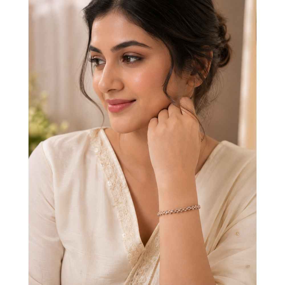 Silver Two-Tone Beaded Link Bracelet With Ribbed Silver And Rose-Gold Accents - ABR62338 side view