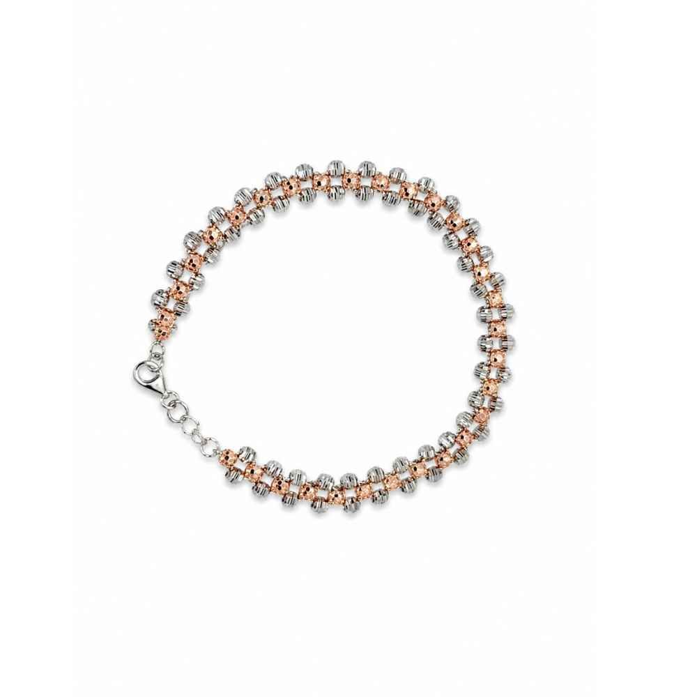 Silver Two-Tone Beaded Link Bracelet With Ribbed Silver And Rose-Gold Accents - ABR62338 detail view