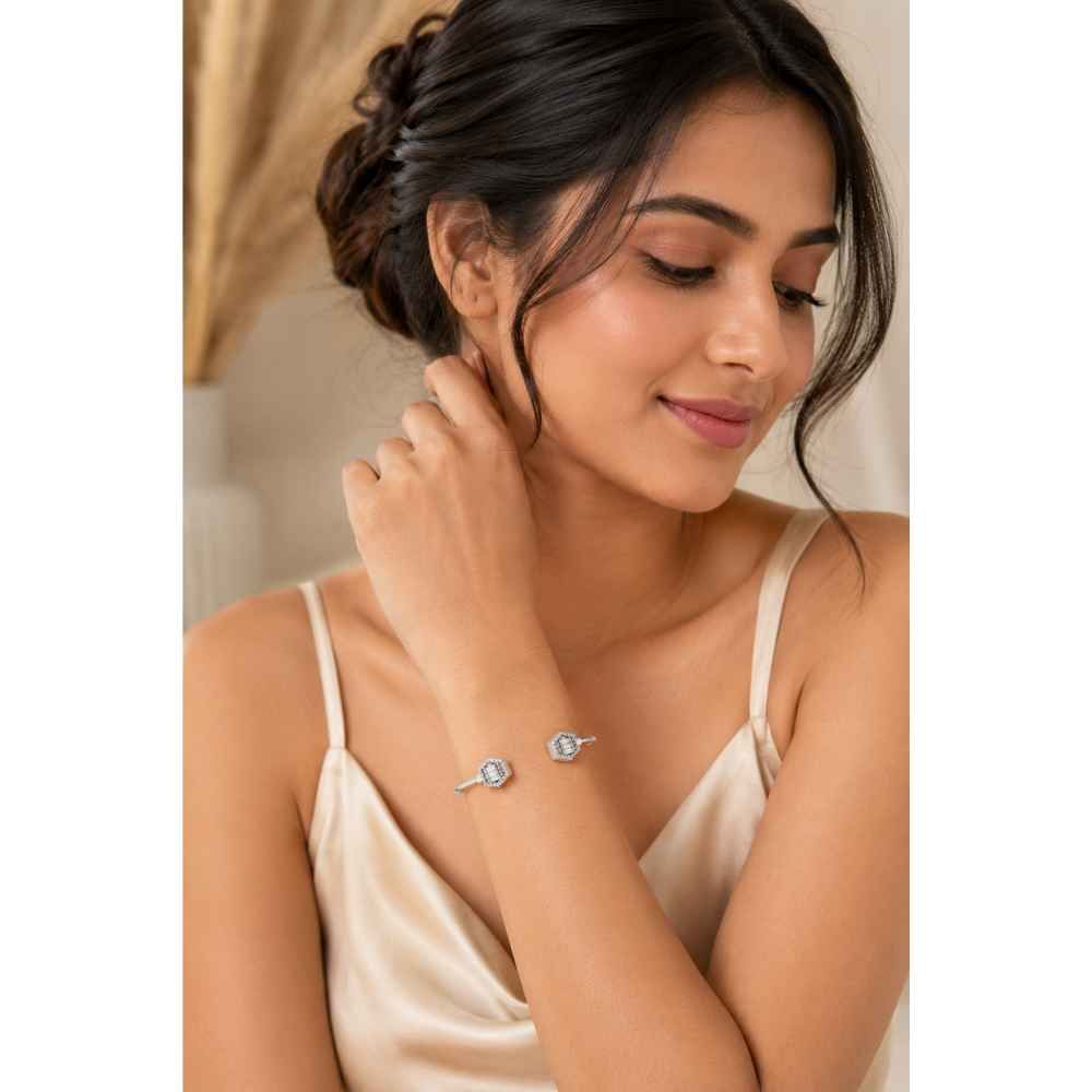 Silver Silver-Tone Geometric Open Cuff Bracelet - ABR62170 side view