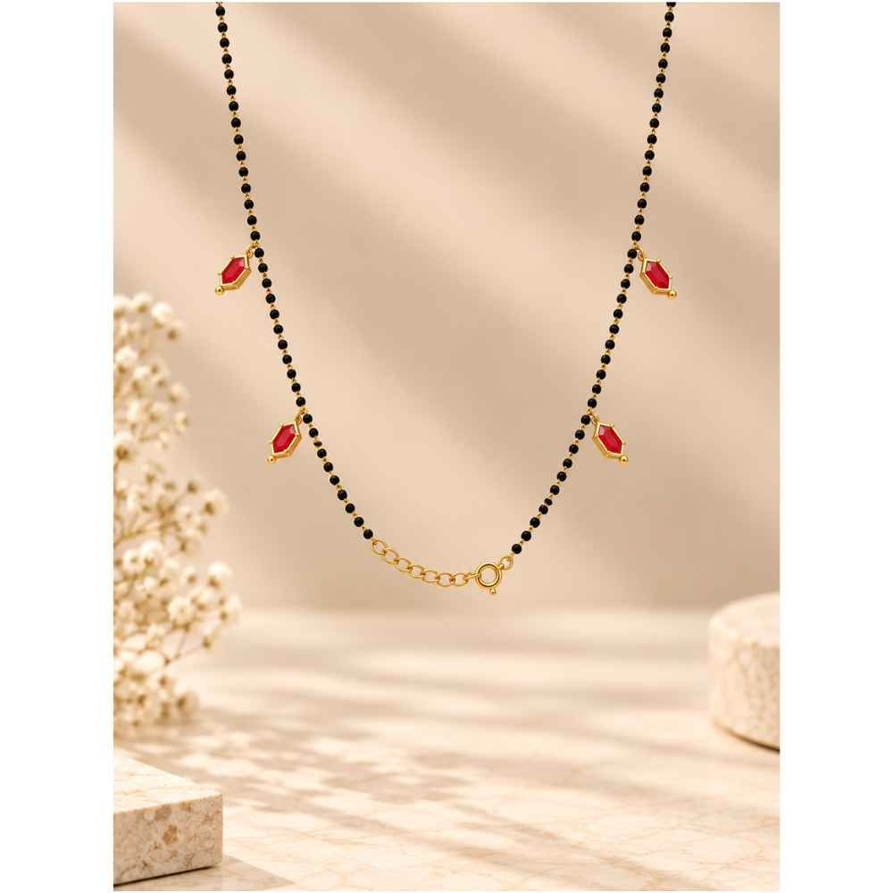 Silver Chain Black Beaded Necklace With Red Accents And Gold-Tone Charms - SGAN10174 front view