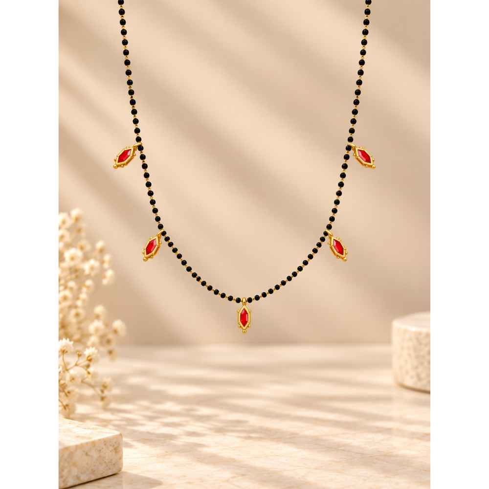 Silver Chain Black Beaded Necklace With Red Accents And Gold-Tone Charms - SGAN10174 detail view