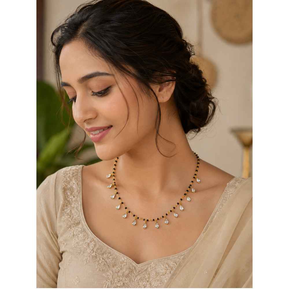 Silver Chain Gold-Tone Black Beaded Teardrop Stone Necklace - SGAN10190 close-up view