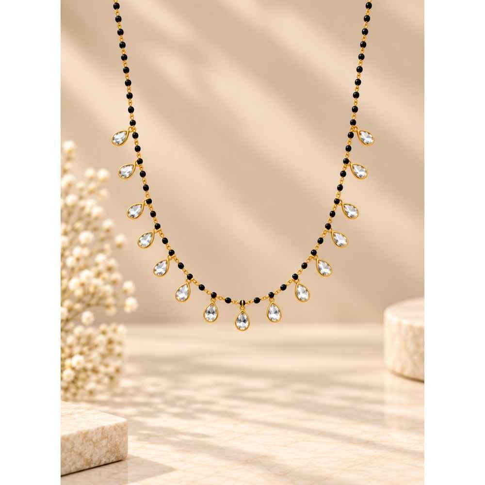 Silver Chain Gold-Tone Black Beaded Teardrop Stone Necklace - SGAN10190 front view