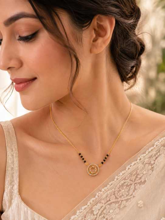 Gold Chain Gold-Tone Circular Pendant Necklace With Black Bead Accents - SGAN10180 close-up view