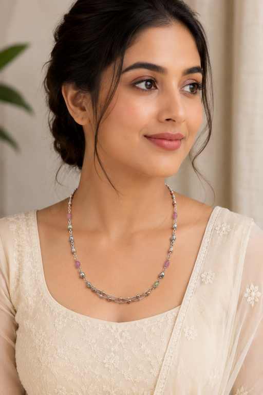 Silver Chain Tricolor Beaded Mala With Silver And Rose-Gold Tone Accents - MAL10142 side view