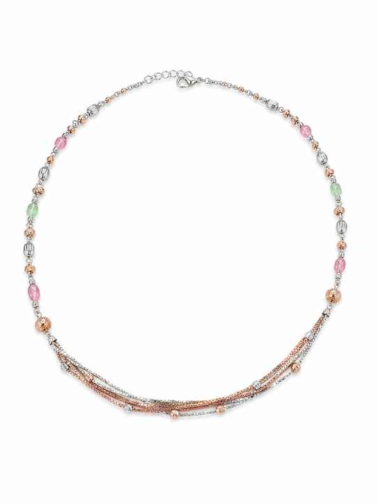 Silver Chain Tricolor Beaded Mala With Silver And Rose-Gold Tone Accents - MAL10142 front view