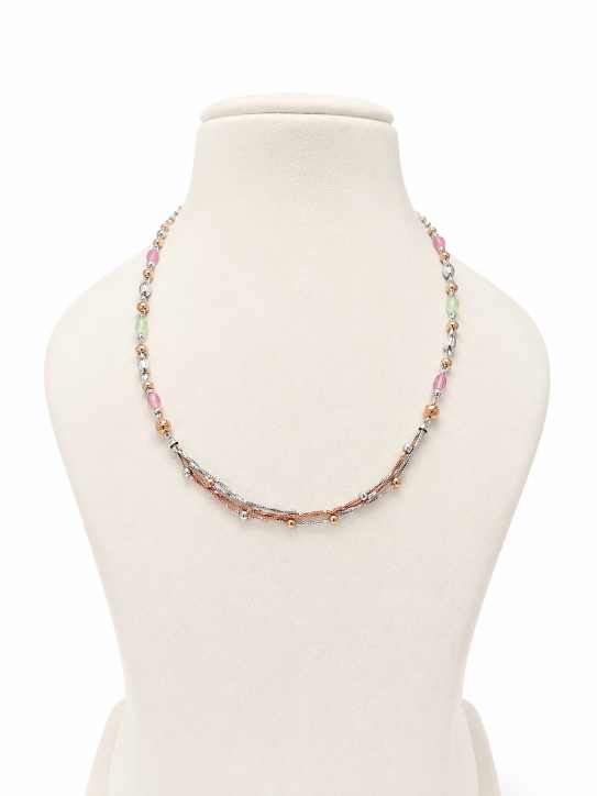 Silver Chain Tricolor Beaded Mala With Silver And Rose-Gold Tone Accents - MAL10142 close-up view