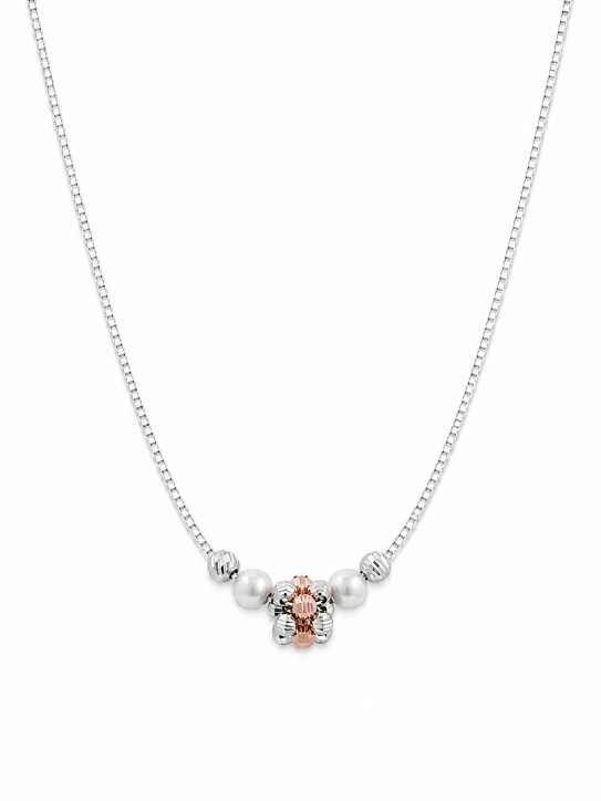 Silver Chain Elegant Silver-Tone Pearl-Detail Mala With Floral Centre Design - MAL10137 front view