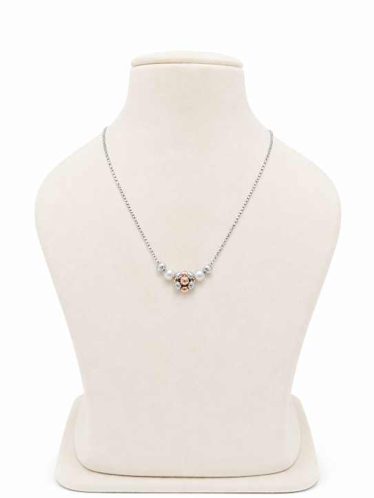 Silver Chain Elegant Silver-Tone Pearl-Detail Mala With Floral Centre Design - MAL10137 detail view