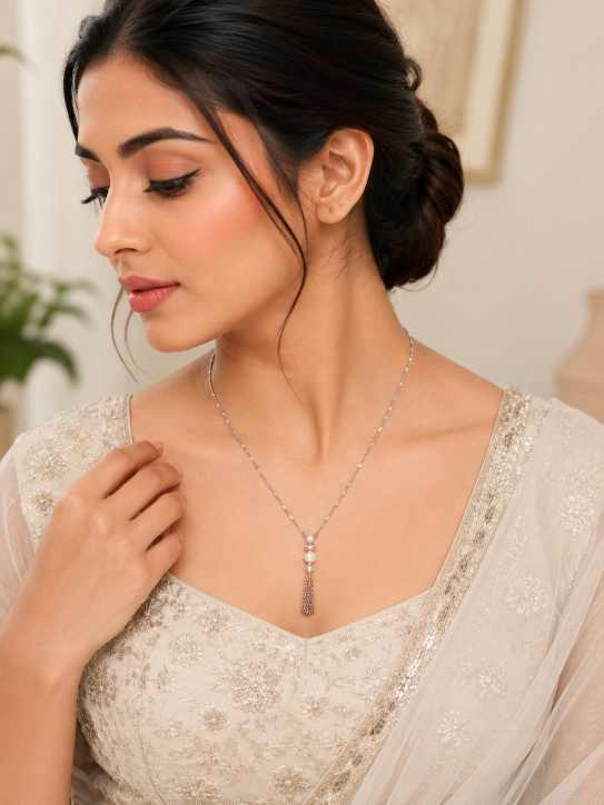 Silver Chain Elegant Pearl Bead Tassel Mala Necklace - MAL10128 close-up view