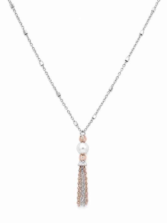 Silver Chain Elegant Pearl Bead Tassel Mala Necklace - MAL10128 front view