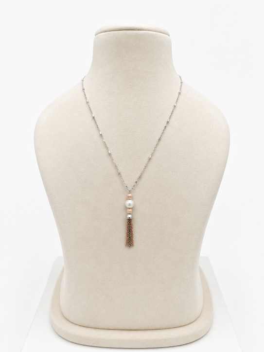 Silver Chain Elegant Pearl Bead Tassel Mala Necklace - MAL10128 detail view