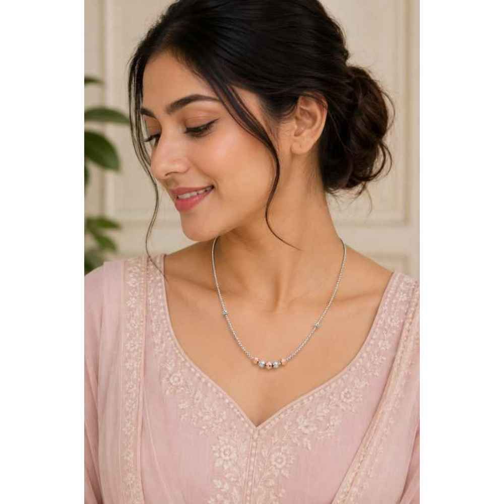 Silver Elegant Two-Tone Beaded Mala With Fine Chain - MAL10143 detail view