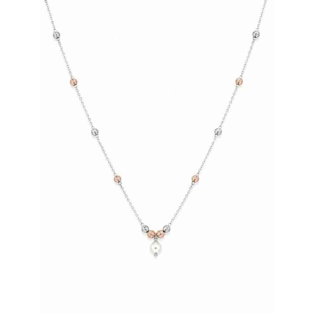 Silver Chain Elegant Two-Tone Beaded Mala With Pearl-Look Pendant - MAL10144