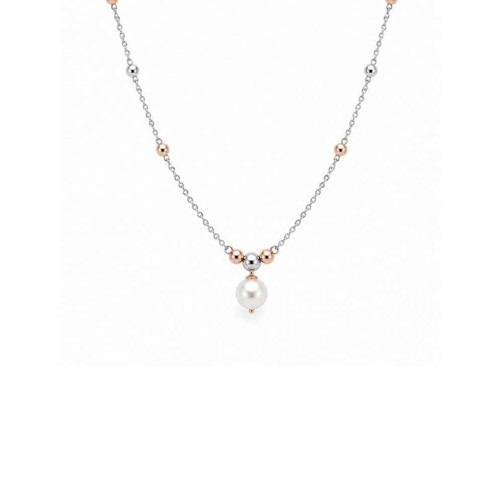 Silver Chain Elegant Two-Tone Beaded Mala With Pearl-Look Pendant - MAL10144 front view