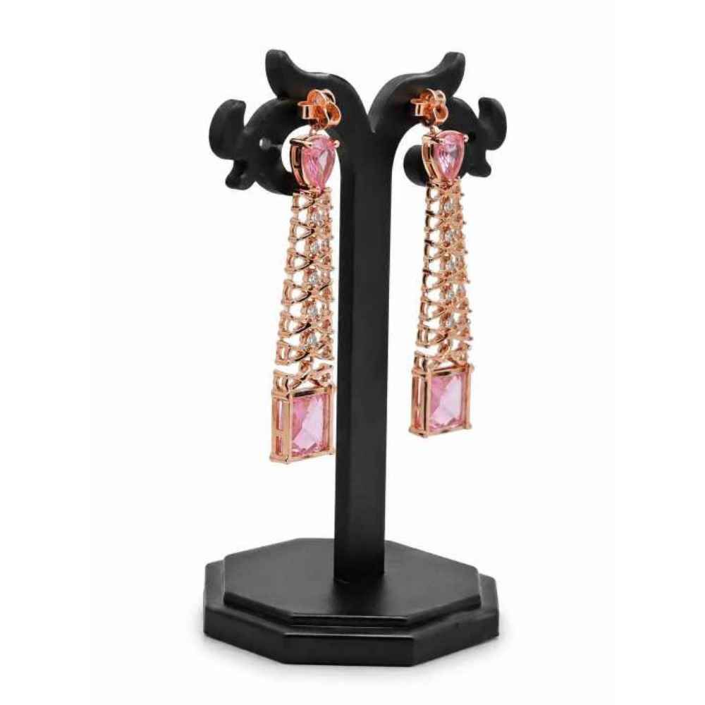 Silver Elegant Pink Stone Drop Earrings With Crystal Accents - SEAR60716 side view