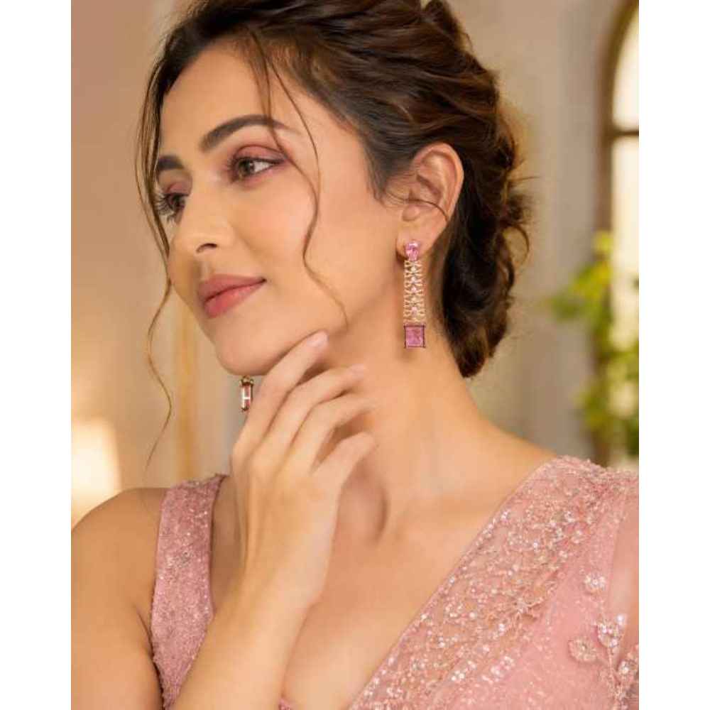 Silver Elegant Pink Stone Drop Earrings With Crystal Accents - SEAR60716 close-up view