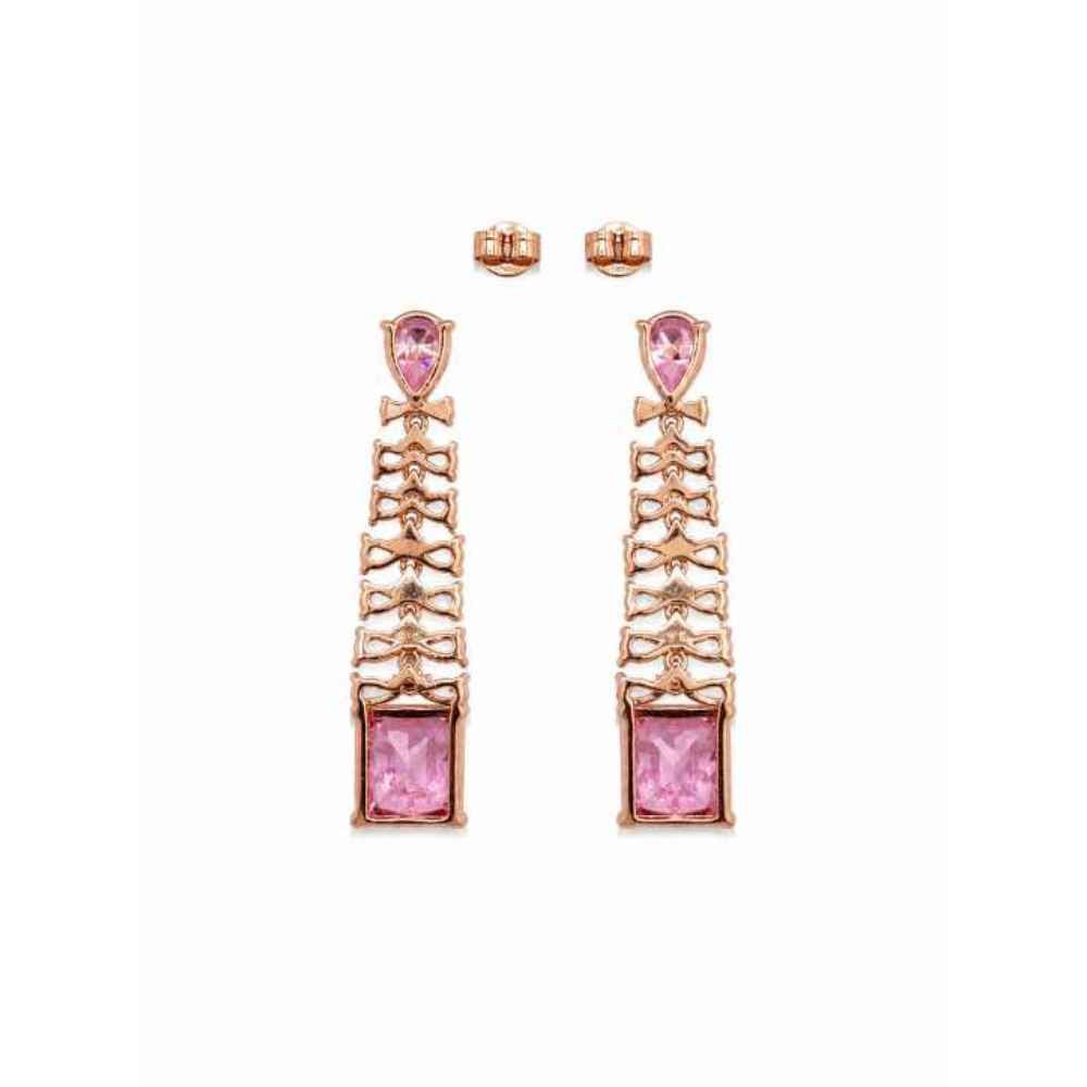 Silver Elegant Pink Stone Drop Earrings With Crystal Accents - SEAR60716 front view