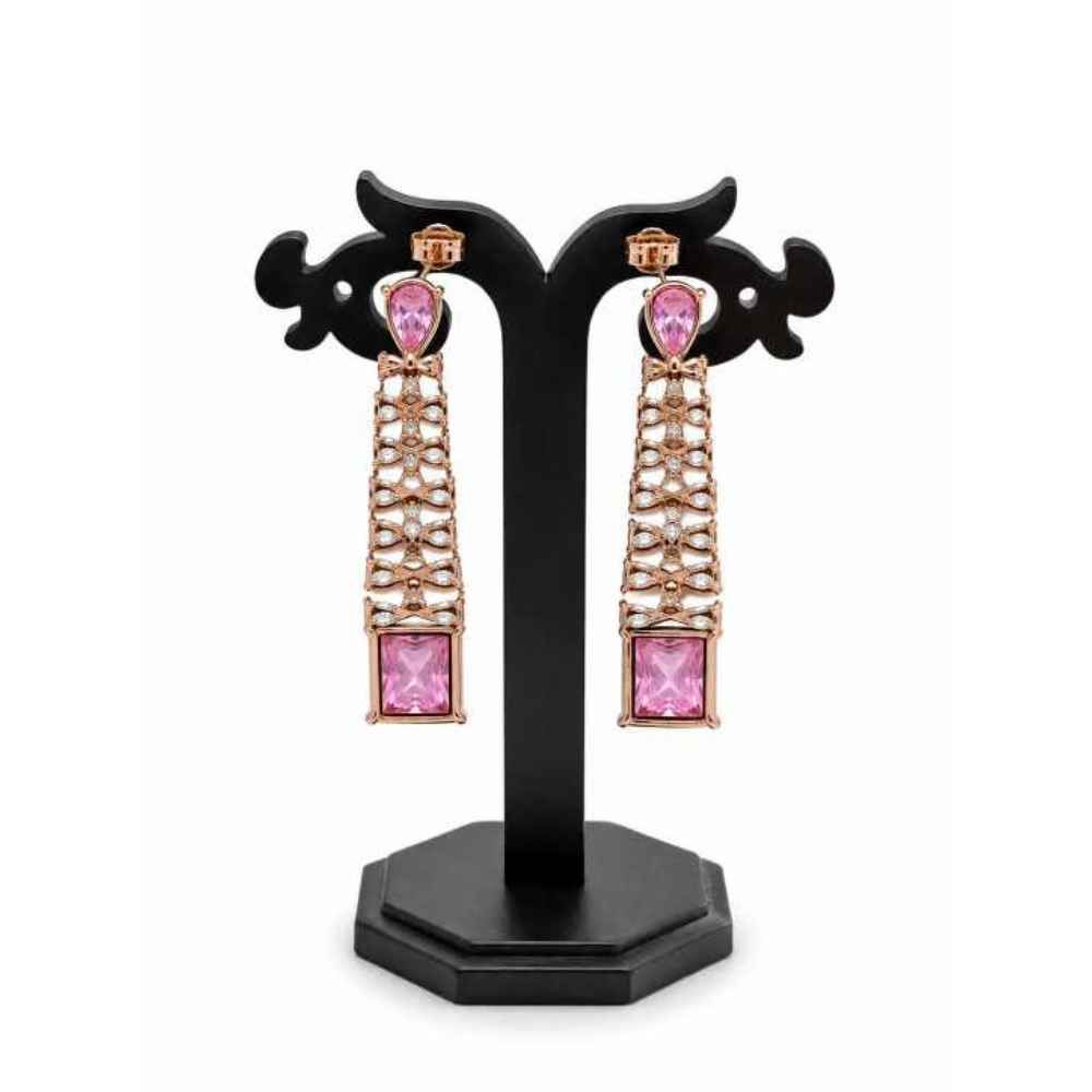Silver Elegant Pink Stone Drop Earrings With Crystal Accents - SEAR60716 detail view
