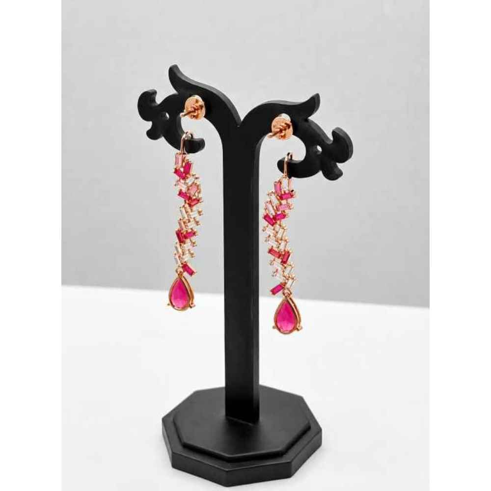 Silver Elegant Pink Stone Drop Earrings With Geometric Link Design - SEAR60713