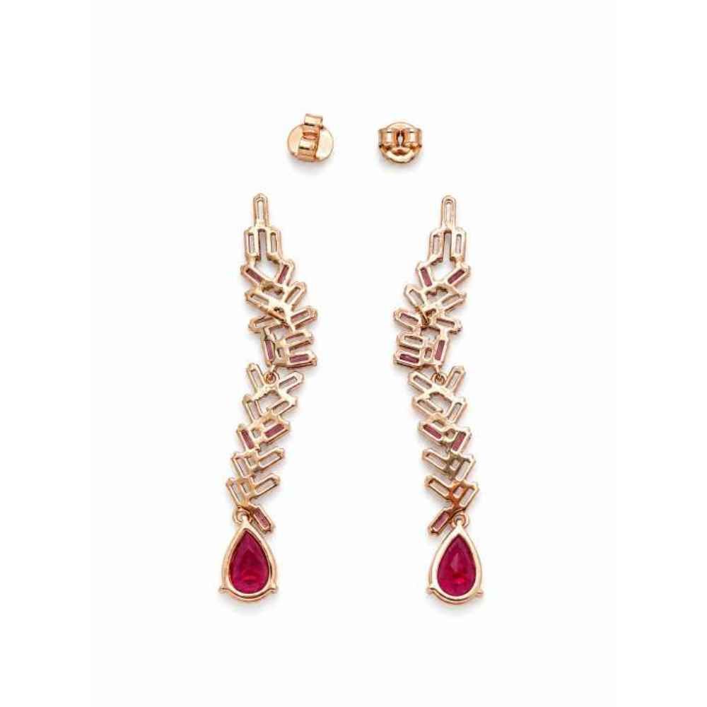 Silver Elegant Pink Stone Drop Earrings With Geometric Link Design - SEAR60713 front view