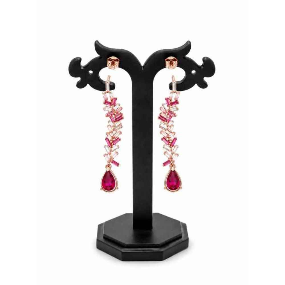Silver Elegant Pink Stone Drop Earrings With Geometric Link Design - SEAR60713 detail view
