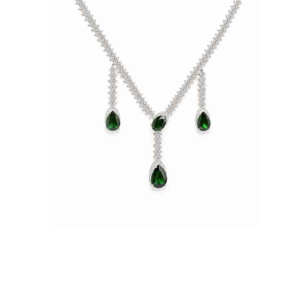 Silver Chain Green Teardrop Stone Necklace And Earring Set - SNSS0001