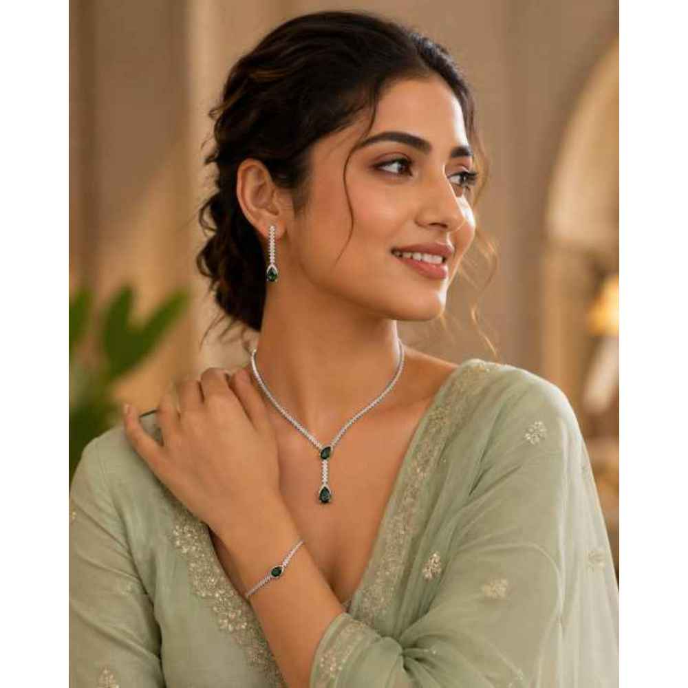 Silver Chain Green Teardrop Stone Necklace And Earring Set - SNSS0001 close-up view