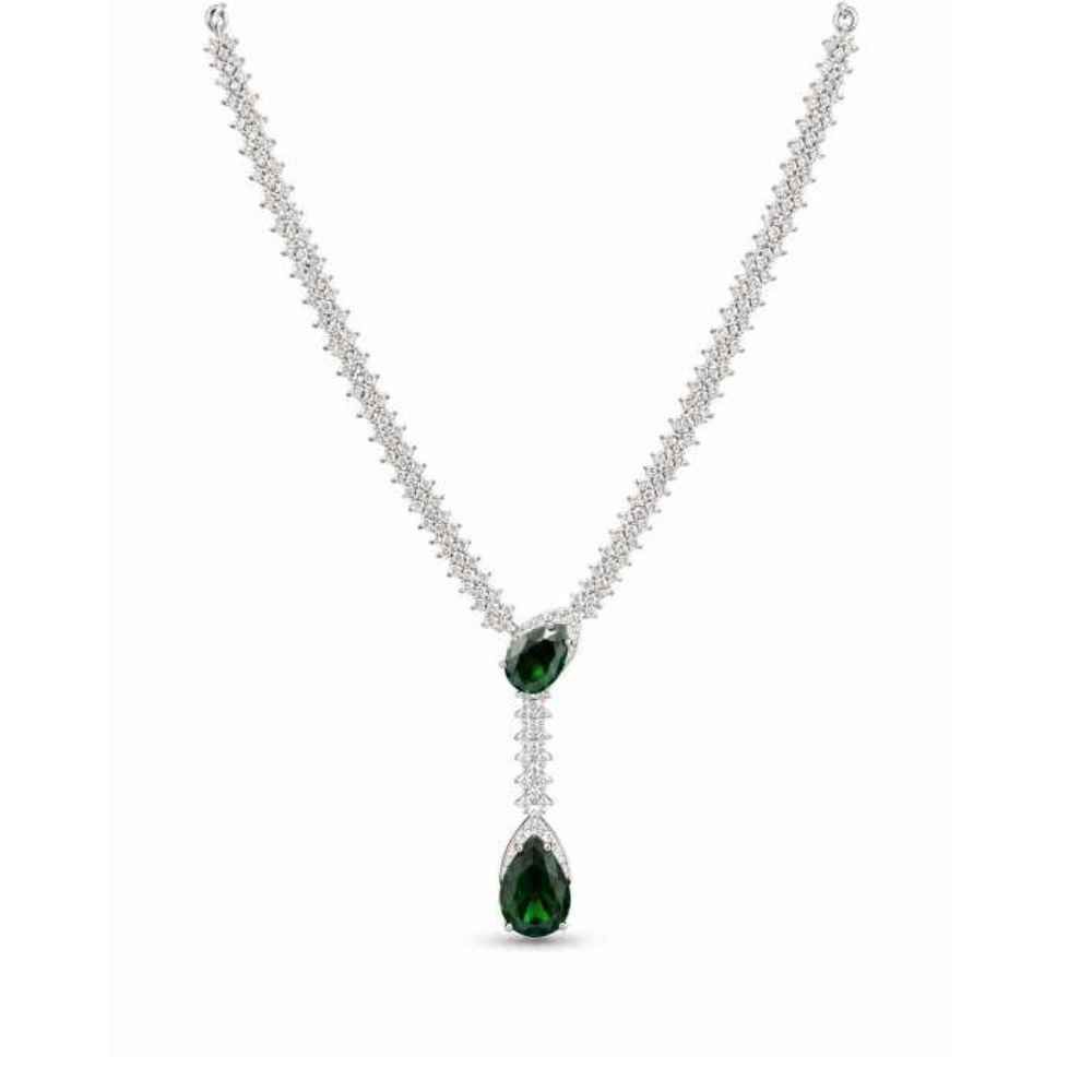 Silver Chain Green Teardrop Stone Necklace And Earring Set - SNSS0001 front view