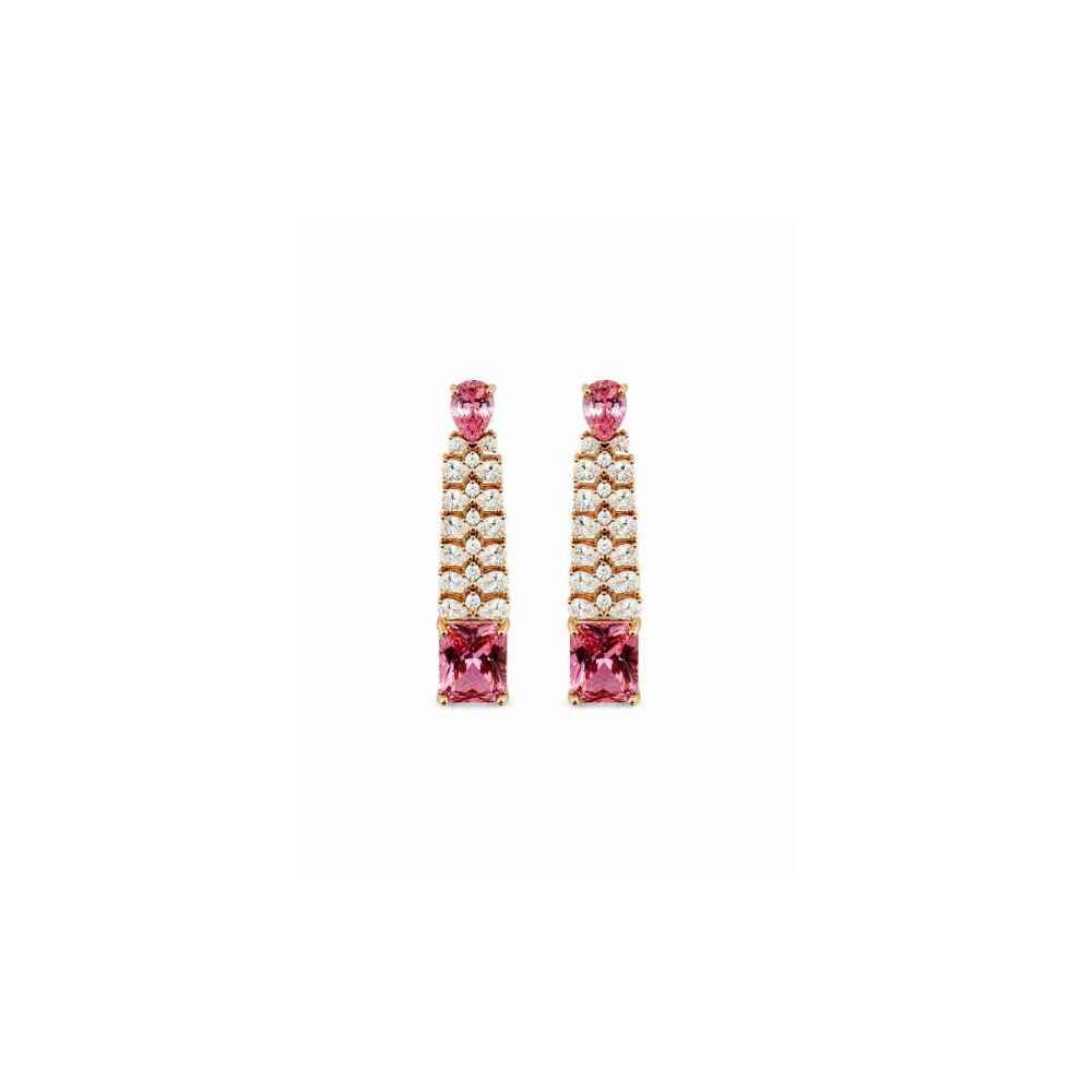 Silver Long Pink And Clear Stone Drop Earrings - SEAR60604 front view